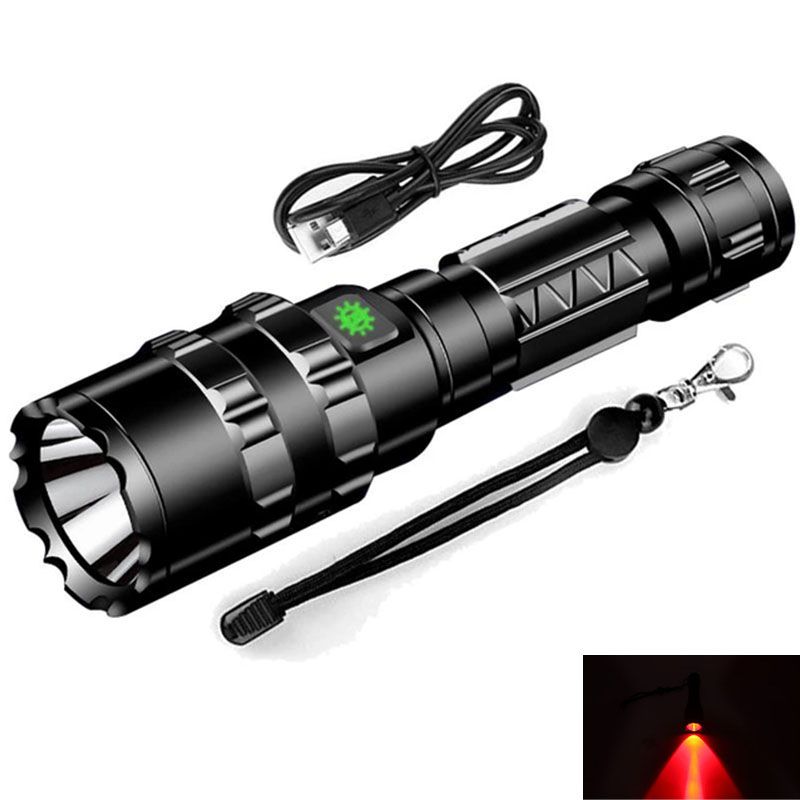 LED Flashlight Long-Range USB White Light, Green Light, Red Light Flashlight Strong Light Charging Outdoor Lighting Tool